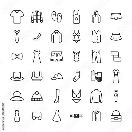 Set of clothing icons in modern thin line style.