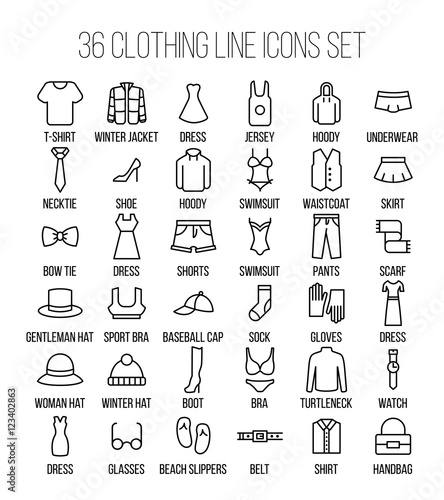 Set of clothing icons in modern thin line style.