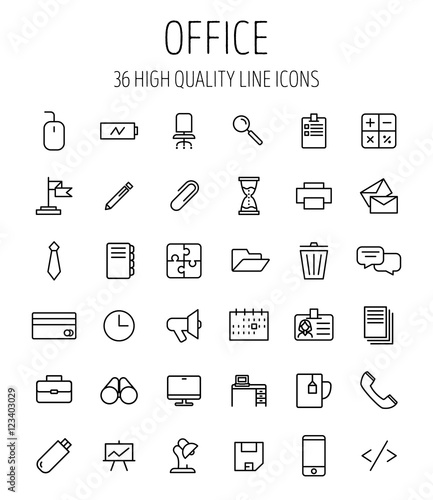 Set of office icons in modern thin line style.