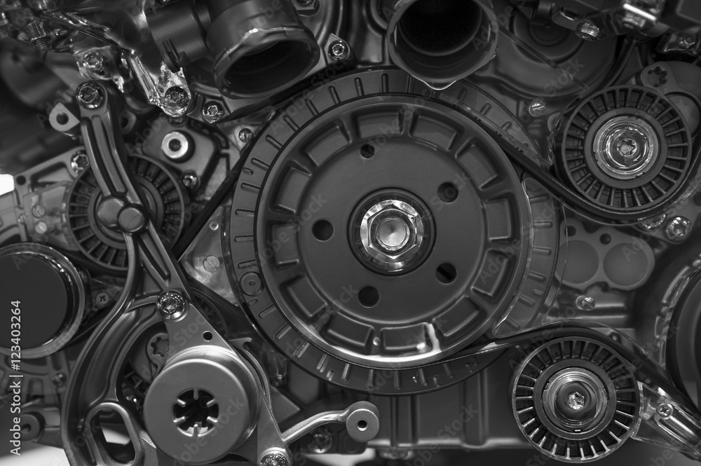Car engine, concept of modern automobile motor with metal, chrome, plastic parts, heavy industry Car engine, concept of modern automobile motor with metal, chrome, plastic parts, heavy industry