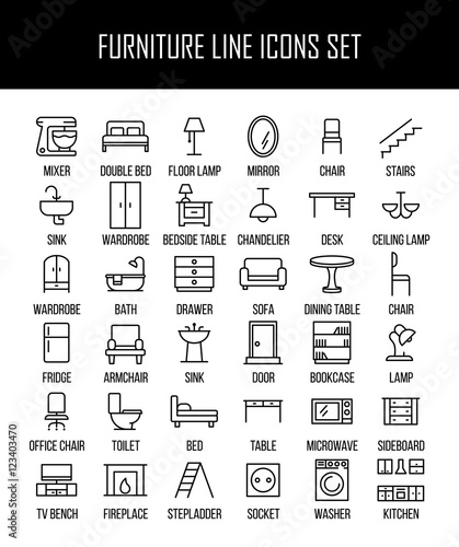 Set of furniture icons in modern thin line style.