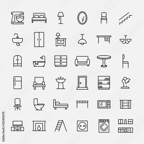 Set of furniture icons in modern thin line style.