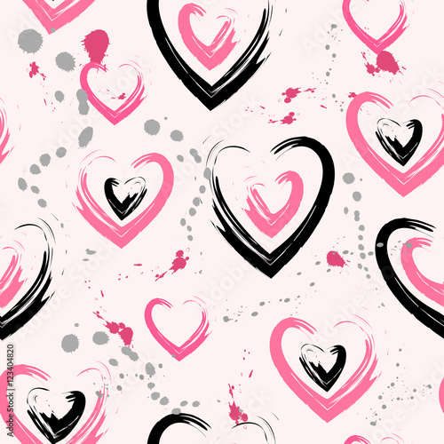 Abstract seamless pattern. Bright pink background with pink and black hearts and gray blotches.
