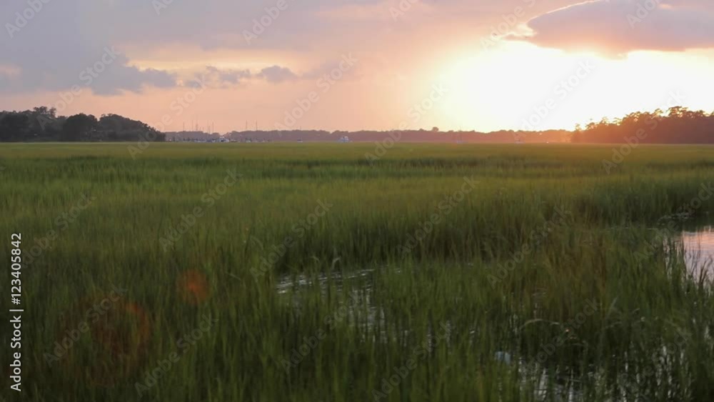 A marsh at sunset with industrial ship loading cranes in view along with boats and water. A marsh at sunset with industrial ship loading cranes in view along with boats and water.