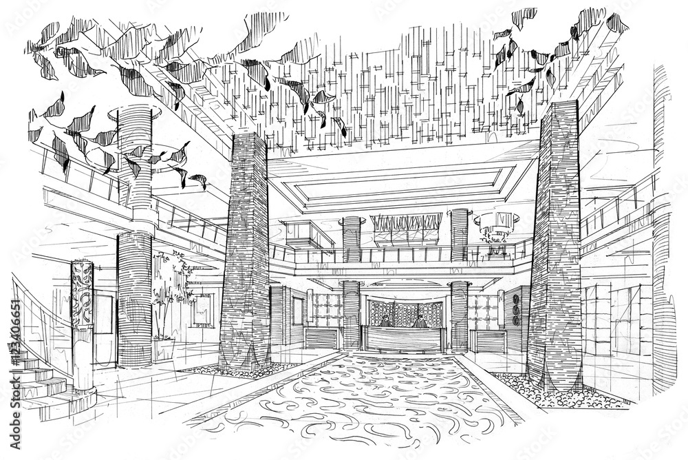 sketch stripes lobby hall, black and white interior design. Stock ...