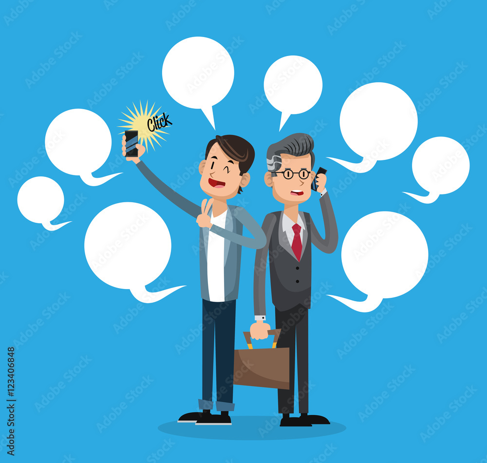 Men cartoon talking with smartphone taking selfie and bubble icon. Mobile people theme. Colorful design. Vector illustration Men cartoon talking with smartphone taking selfie and bubble icon. Mobile people theme. Colorful design. Vector illustration