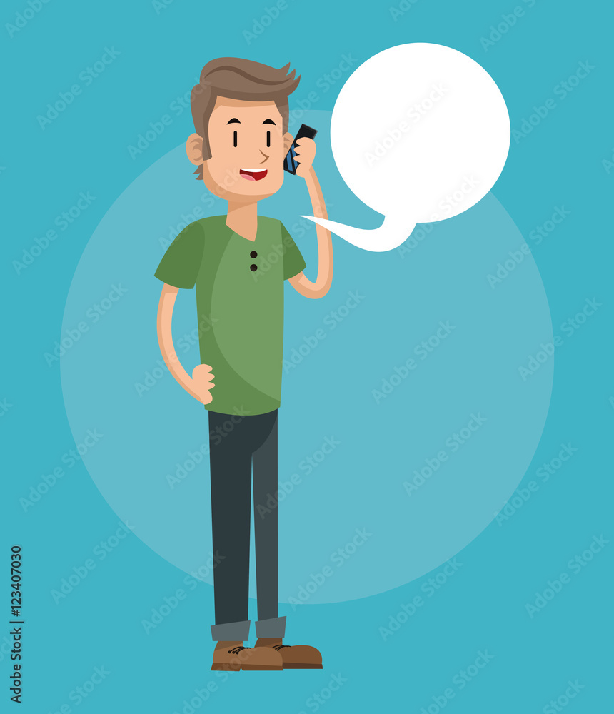 Man cartoon talking with smartphone and bubble icon. Mobile people theme. Colorful design. Vector illustration Man cartoon talking with smartphone and bubble icon. Mobile people theme. Colorful design. Vector illustration