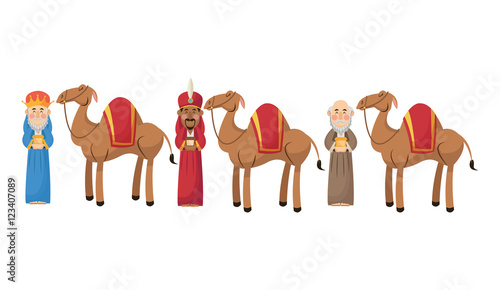 Three wise men cartoon with gift and camels icon. Holy family and merry christmas season theme. Colorful design. Vector illustration