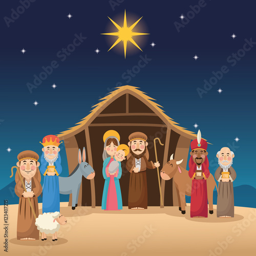 Mary joseph jesus and wise men icon. Holy family and merry christmas season theme. Colorful design. Vector illustration