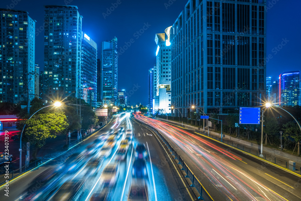 night view of urban traffic with cityscape in Shanghai,China.