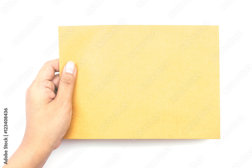 Hand holding paper on white background Hand holding paper on white background