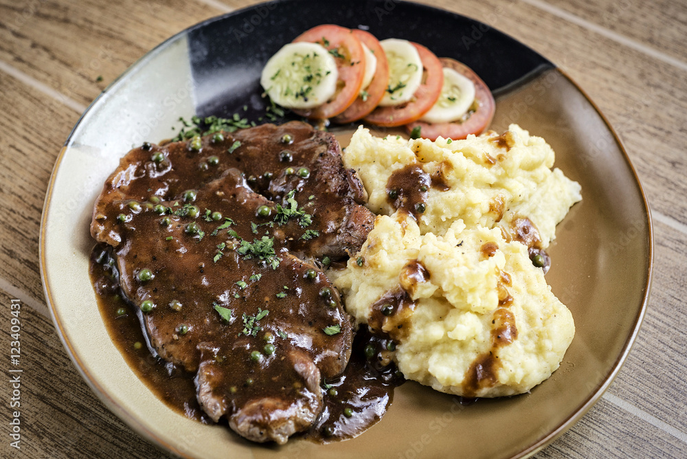 beef steak meal with mashed potato and gravy sauce beef steak meal with mashed potato and gravy sauce