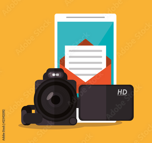 Smartphone videocamera and envelope icon. Digital marketing ecommerce shopping online and media theme. Colorful design. Vector illustration