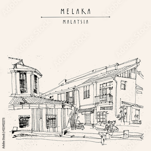 Houses on the river in Melaka  Malaysia  Southeast Asia. Colonial buildings. Travel sketch. Vintage touristic hand drawn postcard