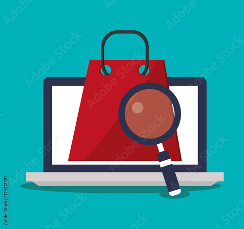 Laptop lupe and bag icon. Digital marketing ecommerce shopping online and media theme. Colorful design. Vector illustration