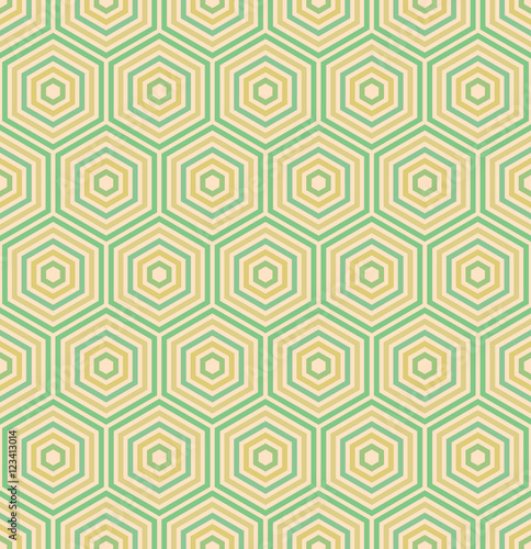 Geometric fine abstract vector hexagonal background. Seamless modern golden and green pattern