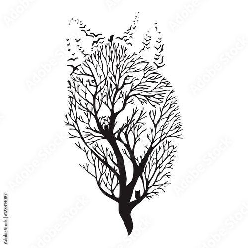 Wolf run silhouette double exposure blend tree drawing tattoo vector