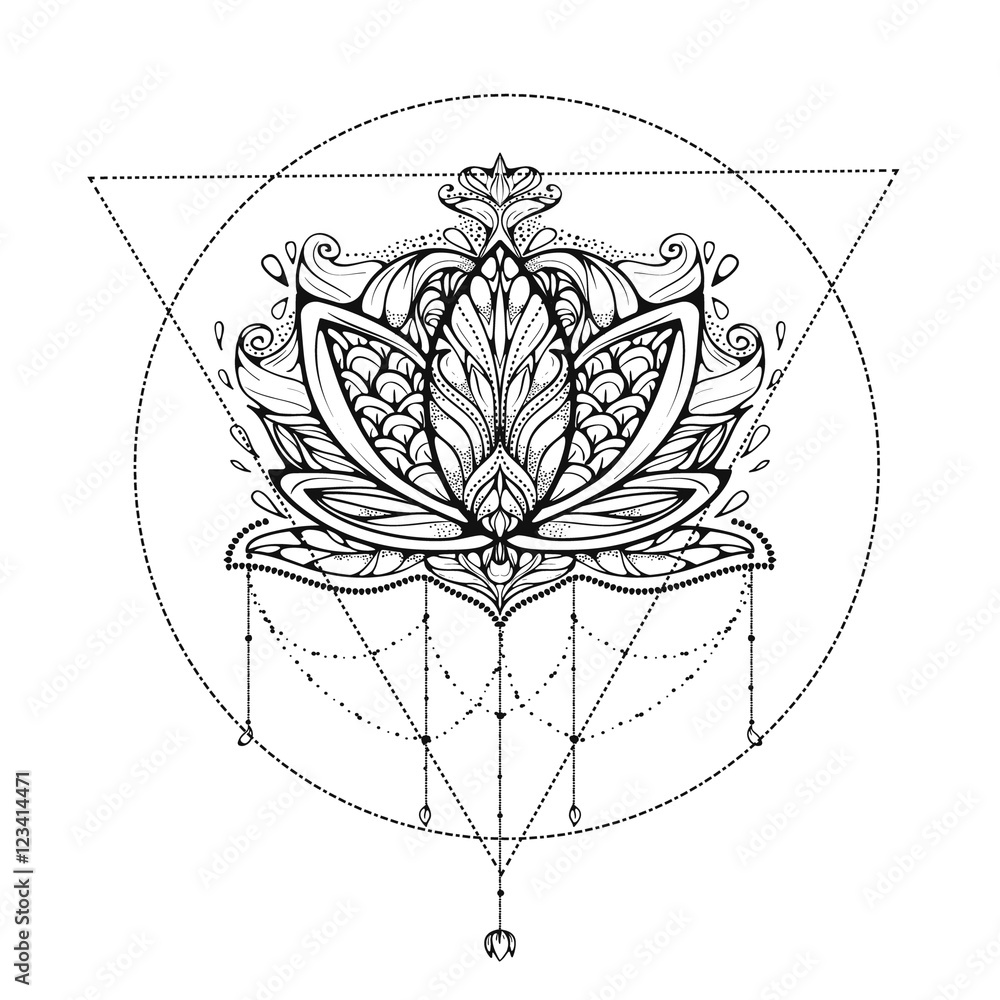 Lotus flower dream-catcher ornamental. Ethnic, bohemian art. Tattoo, astrology, alchemy, boho and magic symbol. Adult antistress. Hand drawn illustration. Stock Vector