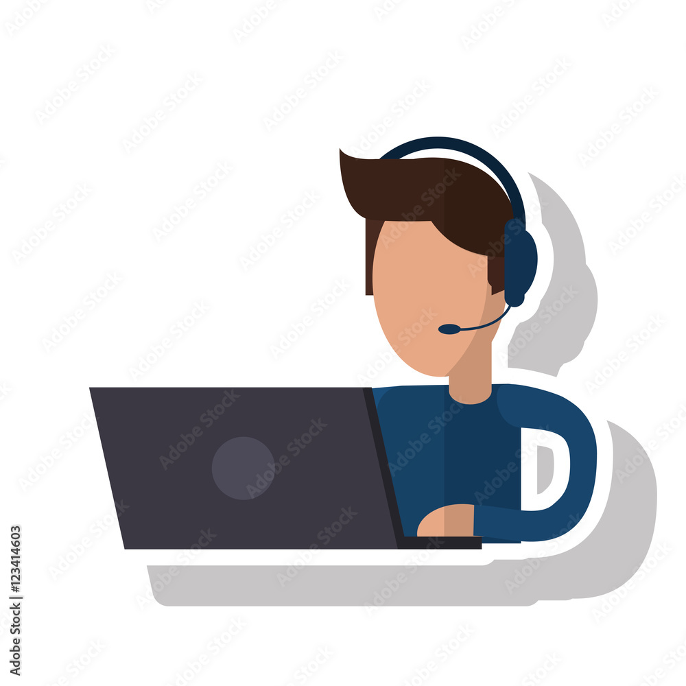 Operator man with laptop icon. Call center technical service and online support theme. Isolated design. Vector illustration