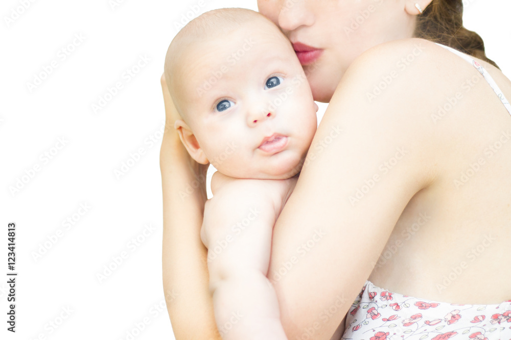 picture of happy mother with a newborn baby boy in her arms. White background. Insulation. Advertising products for newborns picture of happy mother with a newborn baby boy in her arms. White background. Insulation. Advertising products for newborns