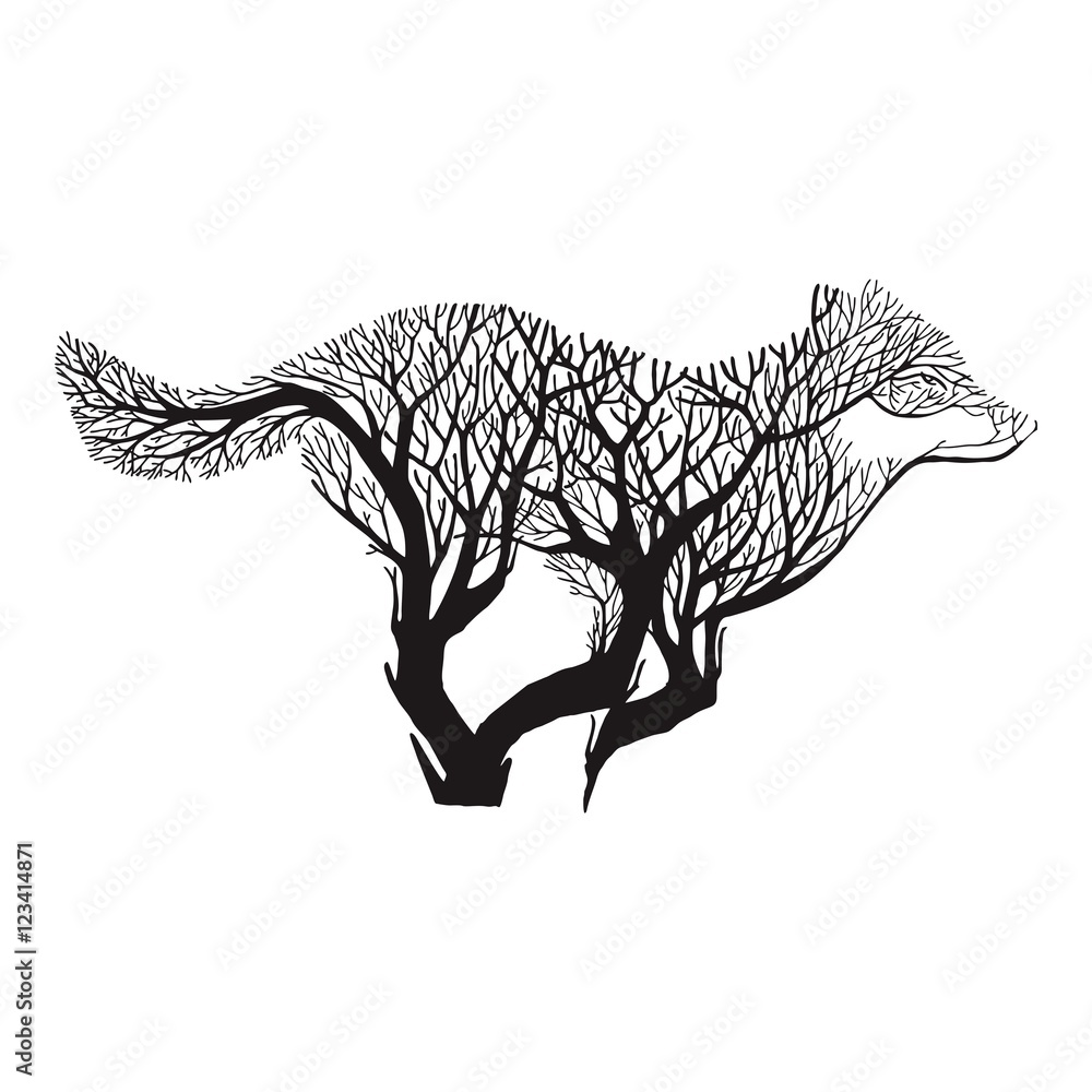 Wolf run silhouette double exposure blend tree drawing tattoo vector Stock  Vector | Adobe Stock