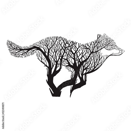 Wolf run silhouette double exposure blend tree drawing tattoo vector
