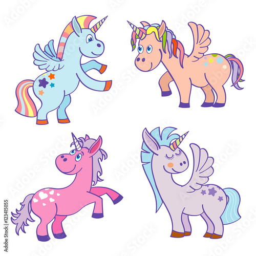 Cute cartoon miracle unicorns vector set