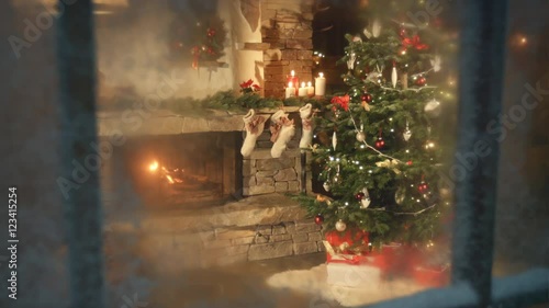 Christmas tree scene through frozen window