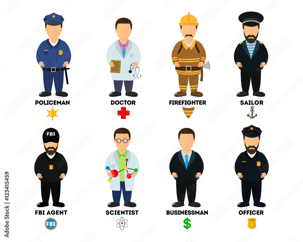 important and social jobs and professions for people: firefighter, policeman, doctor, sailor, seaman, businessman, scientist, teacher, detective in flat design on isolated background. 