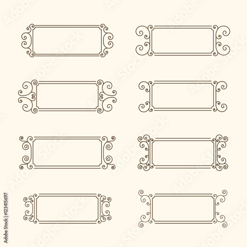 Set of vintage frames. Frame with swirls and decor of the leaves. Decorative frame for banners, invitations, greeting cards, business cards. Monochrome frame in vintage style. Vector