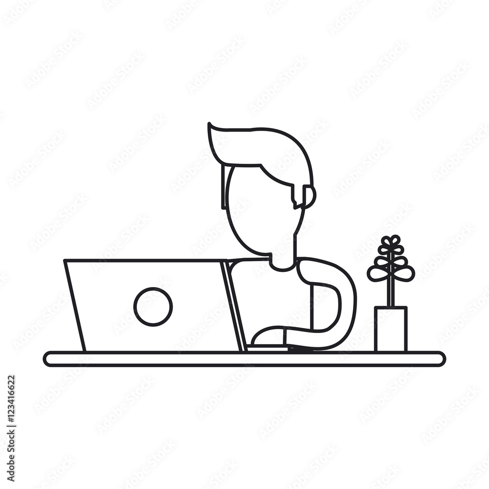 Operator man with laptop icon. Call center technical service and online support theme. Isolated design. Vector illustration