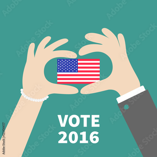 President election day 2016. Voting concept. Man Woman hand holding american flag. Isolated Green background Flat design Card