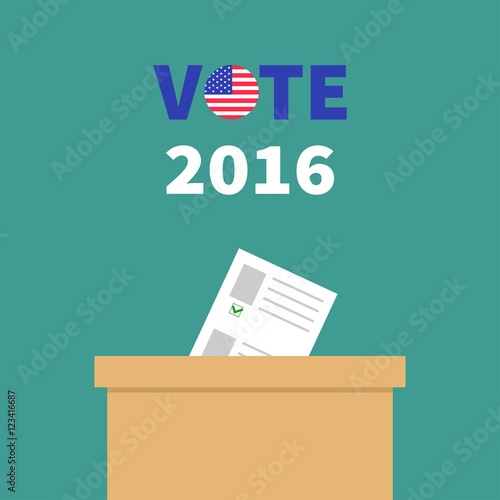 Ballot Voting box with paper blank bulletin Choice concept. Polling station. President election day Vote 2016 text round badge button. Green background Flat design Card