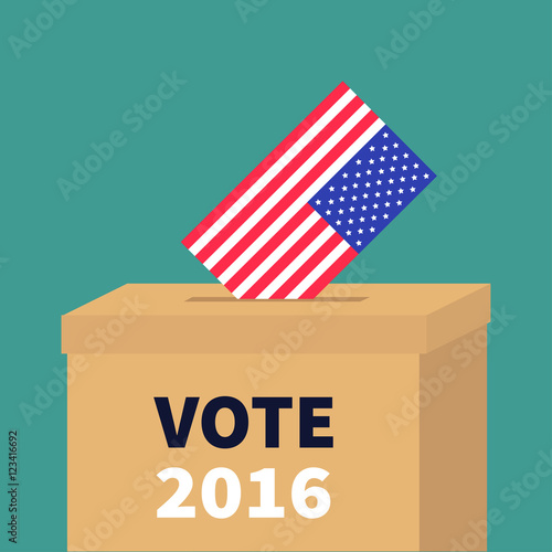 President election day Vote 2016. Ballot Voting box with American flag paper blank bulletin concept. Polling station. Isolated Green background Flat design Card