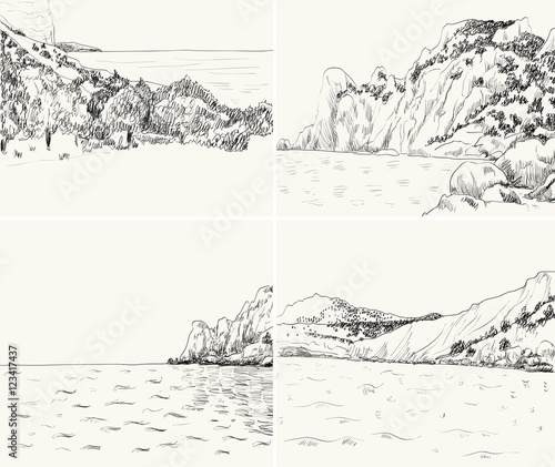 Vector summer seascape sketch. Rocky shore, lapped by the surf