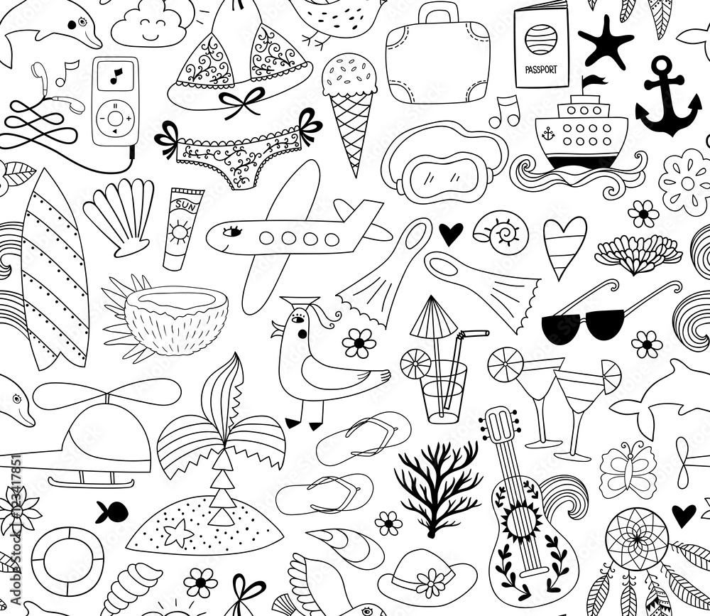 Summer vacation set doodle elements, seamless pattern Summer vacation set doodle elements, seamless pattern
