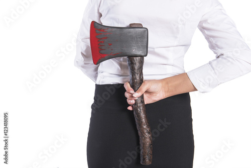 Girl with a bloody axe in a business clothing, isolated.