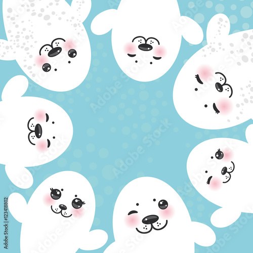 Fototapeta Naklejka Na Ścianę i Meble -  card design Funny white fur seal pups, cute winking seals with pink cheeks and big eyes. Kawaii albino animals on blue background. Vector