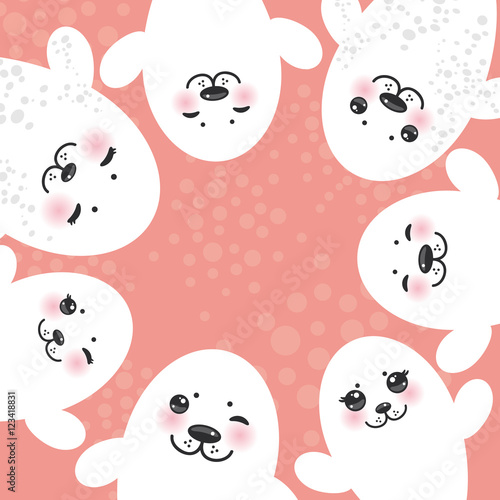card design Funny white fur seal pups, cute winking seals with pink cheeks and big eyes. Kawaii albino animals on pink background. Vector