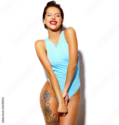portrait of beautiful hot sexy brunette woman bad girl in casual summer  blue body lingerie on white background Stock Photo | Adobe Stock