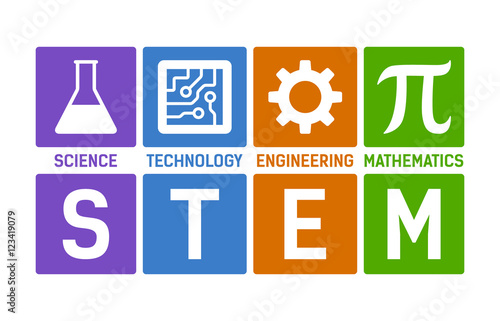 STEM - science, technology, engineering and mathematics flat color vector illustration with words photo