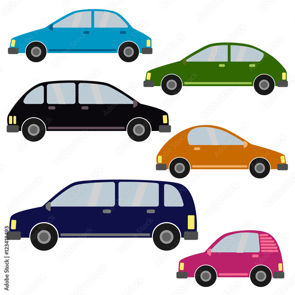 Set of different car types. Multicolored Cars Collection. Isolated vector illustration.
