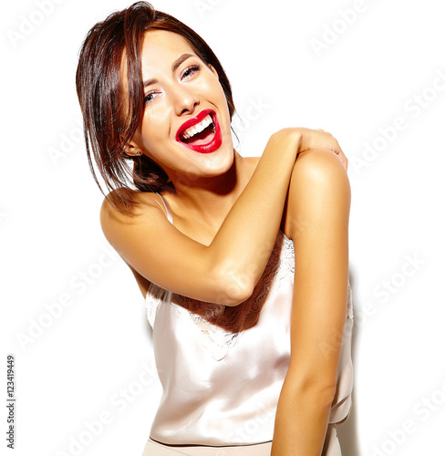 portrait of beautiful funny smiling brunette woman girl going crazy casual summer clothes on white background