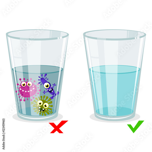 Glass with clean and dirty water, infection illustration. Cartoon, fun for children characters. Vector illustration