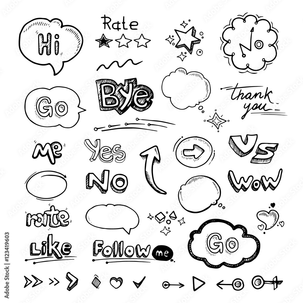 Hand drawn set of speech bubbles with dialog words