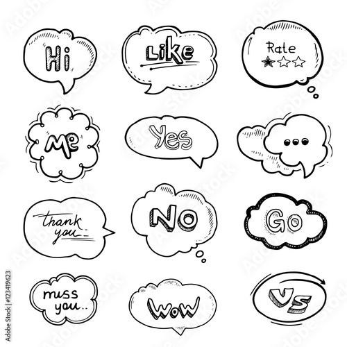 Hand drawn set of speech bubbles with dialog words