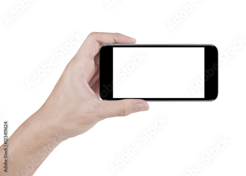 hand holding horizontal the black smartphone with white screen w