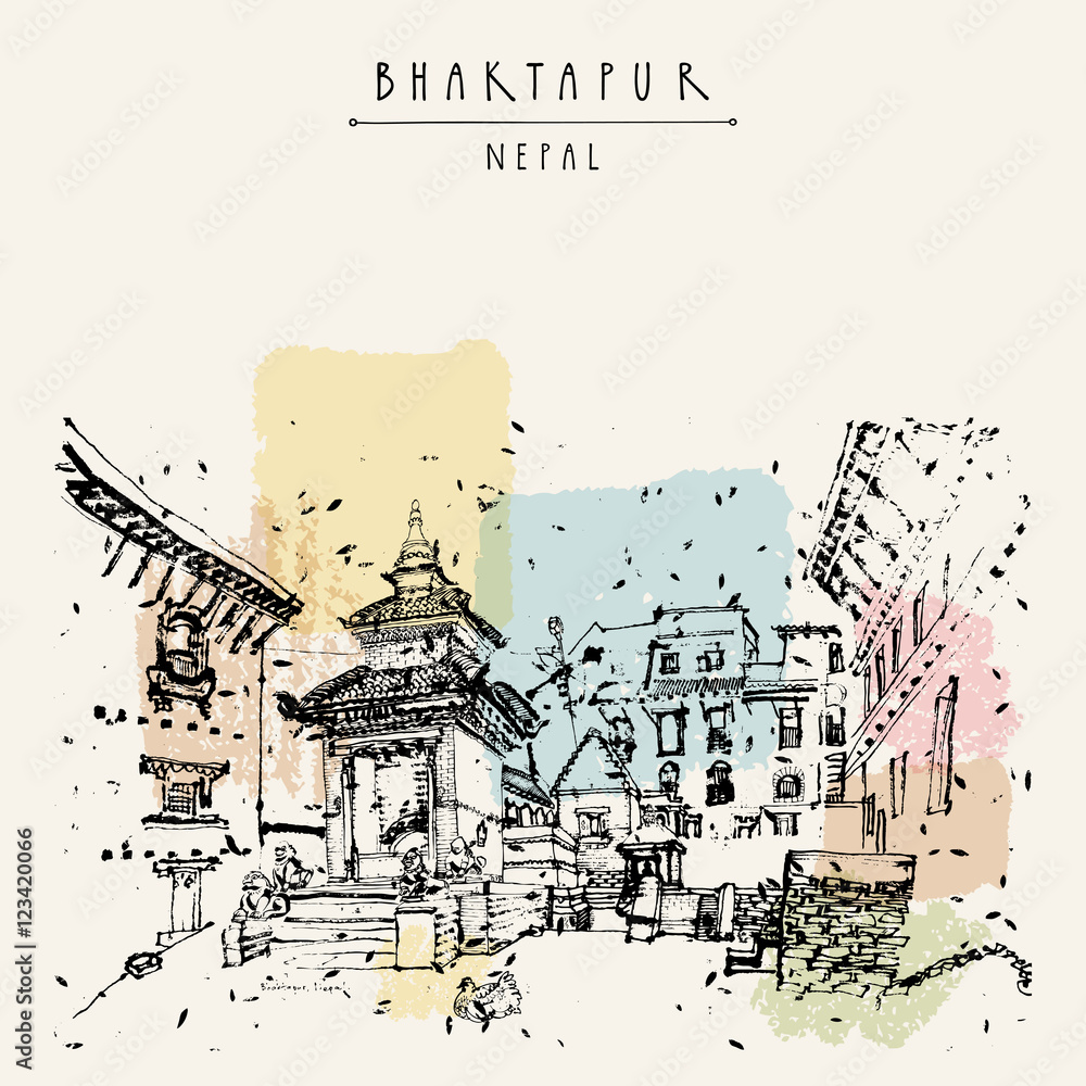 Obraz premium Bhaktapur, historical town in Kathmandu valley, Nepal, Asia. Vintage artistic postcard with a hindu shrine. Travel sketch. Touristic postcard, poster or book illustration