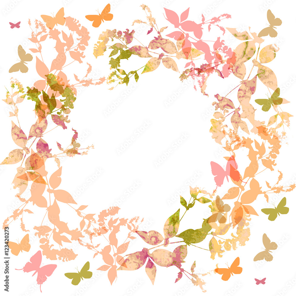 Spring background, Colorful butterflies set wreath with pink leaves, watercolor. Round banner for text. spring summer card design on white background. Vector