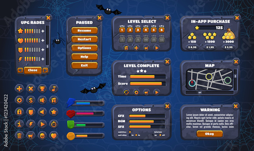 Mobile game graphical user Interface GUI. Design, buttons and icons. Vector illustration.